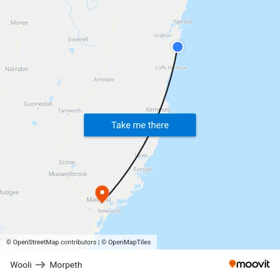 Wooli to Morpeth map