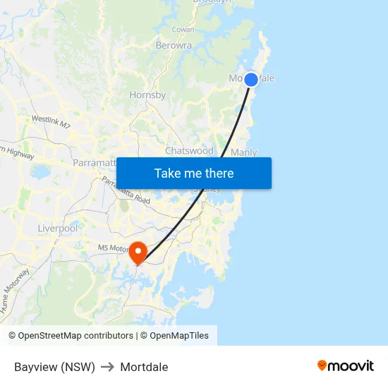 Bayview (NSW) to Mortdale map