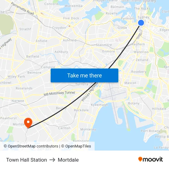 Town Hall Station to Mortdale map