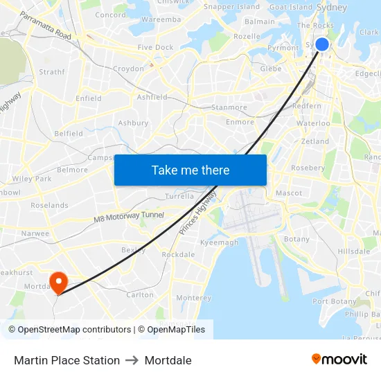 Martin Place Station to Mortdale map