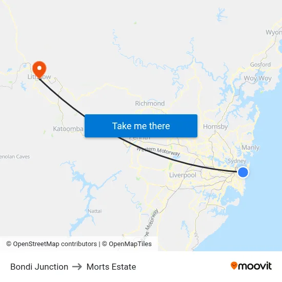 Bondi Junction to Morts Estate map