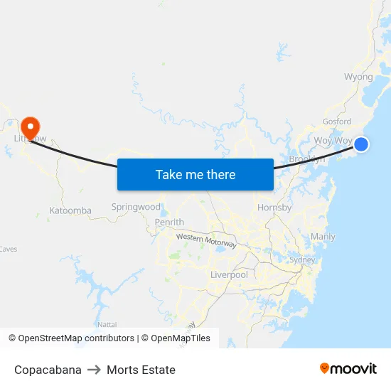 Copacabana to Morts Estate map