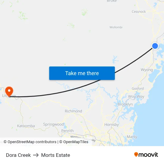 Dora Creek to Morts Estate map
