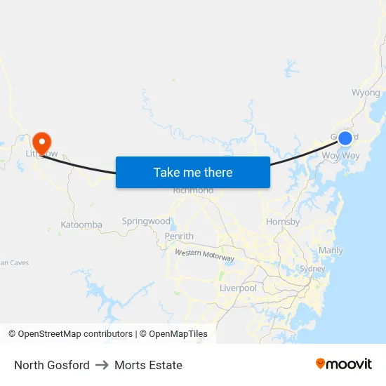 North Gosford to Morts Estate map