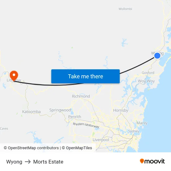Wyong to Morts Estate map