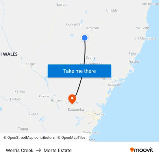 Werris Creek to Morts Estate map