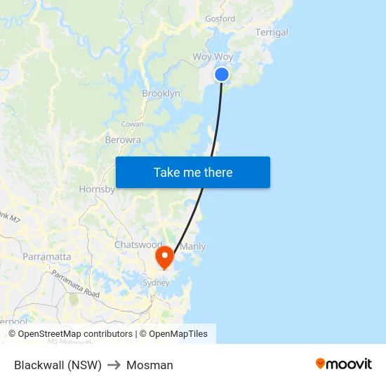 Blackwall (NSW) to Mosman map