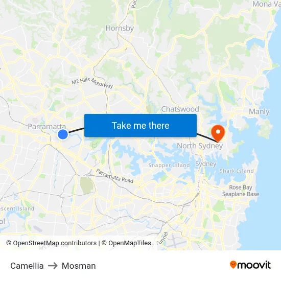 Camellia to Mosman map
