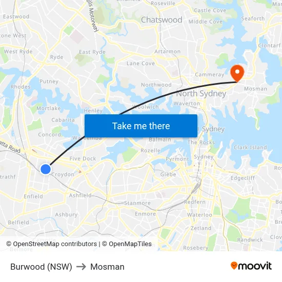 Burwood (NSW) to Mosman map