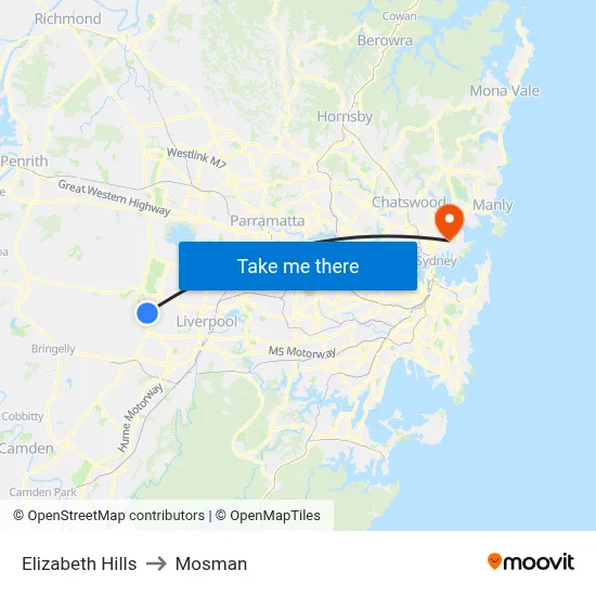Elizabeth Hills to Mosman map
