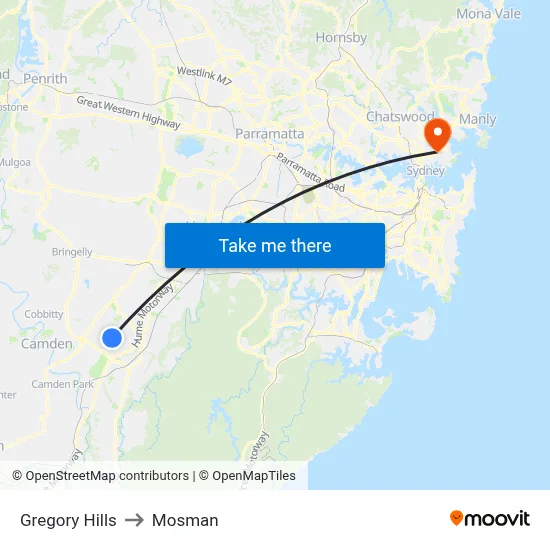 Gregory Hills to Mosman map