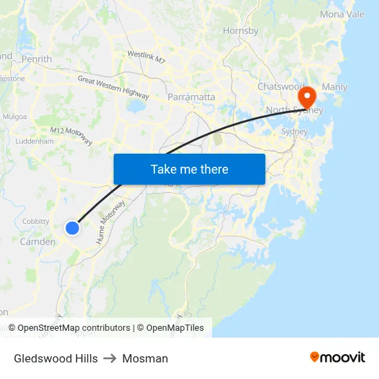Gledswood Hills to Mosman map