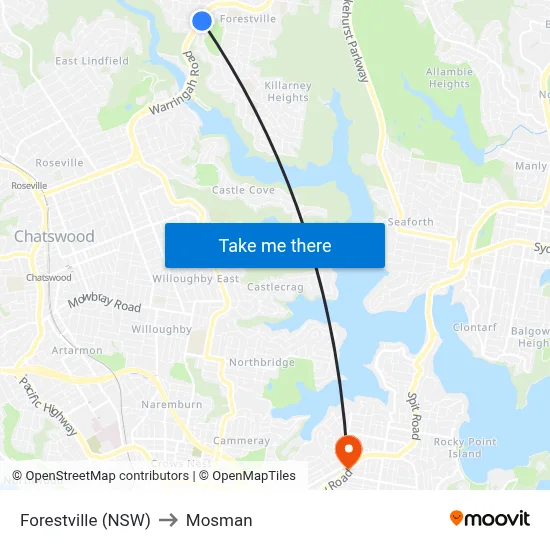 Forestville (NSW) to Mosman map