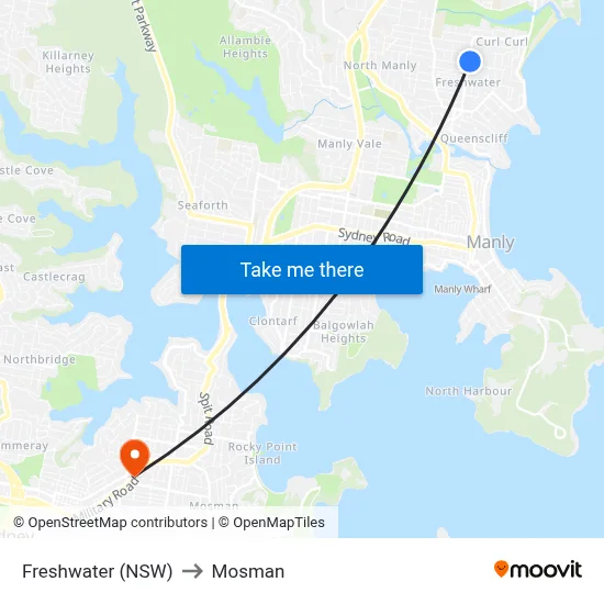Freshwater (NSW) to Mosman map