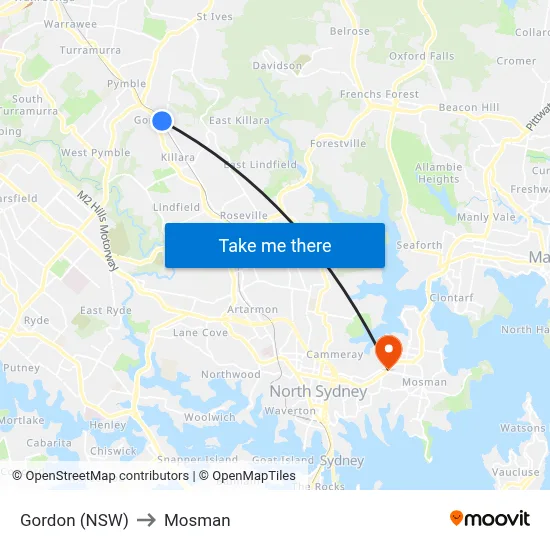 Gordon (NSW) to Mosman map