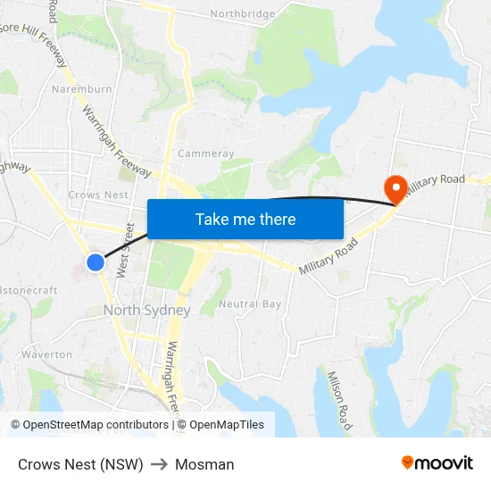 Crows Nest (NSW) to Mosman map