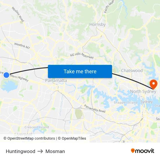 Huntingwood to Mosman map