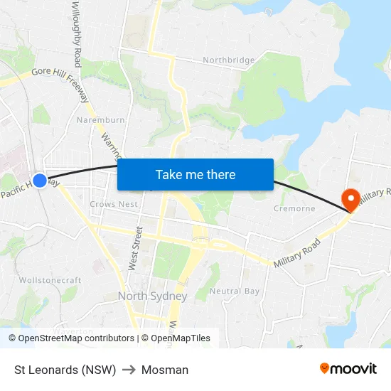 St Leonards (NSW) to Mosman map