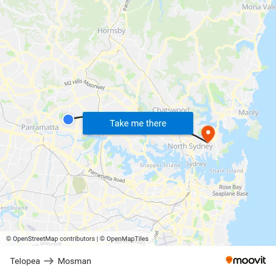 Telopea to Mosman map