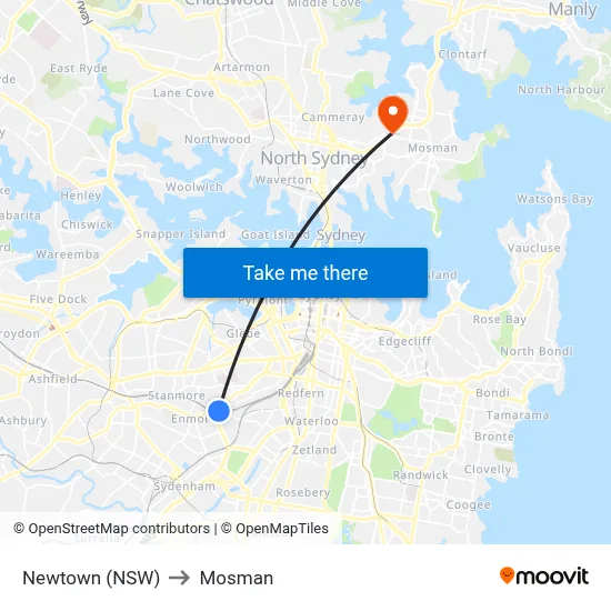 Newtown (NSW) to Mosman map