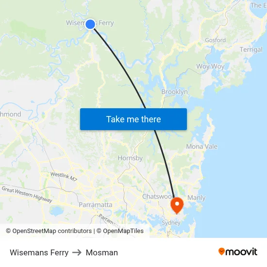 Wisemans Ferry to Mosman map