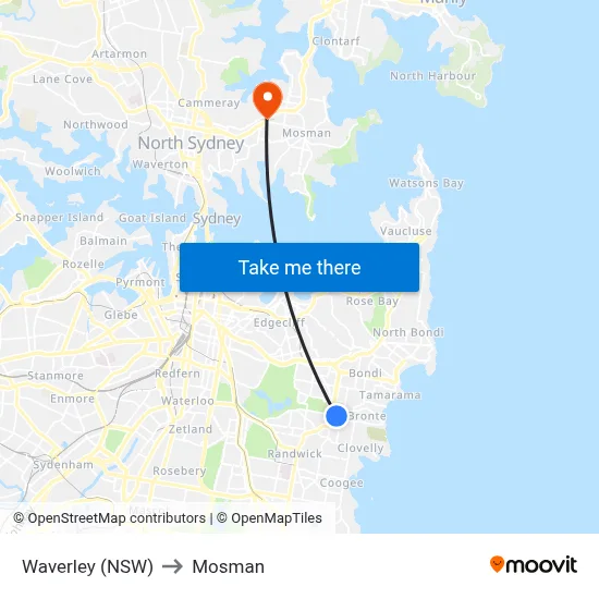 Waverley (NSW) to Mosman map