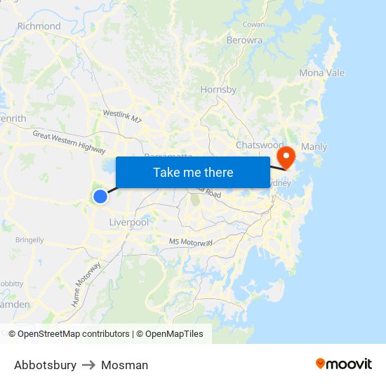 Abbotsbury to Mosman map