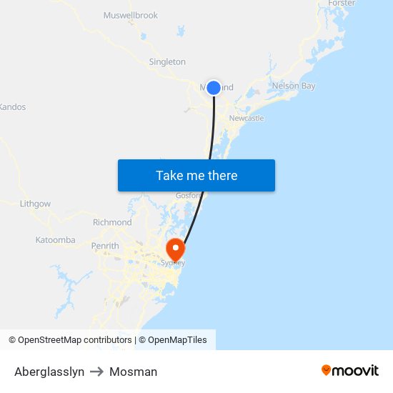 Aberglasslyn to Mosman map