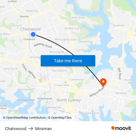 Chatswood to Mosman map