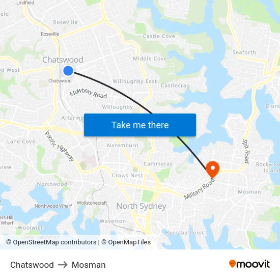 Chatswood to Mosman map