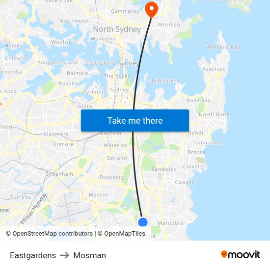 Eastgardens to Mosman map