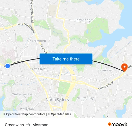 Greenwich to Mosman map