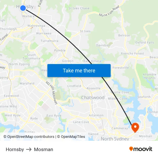 Hornsby to Mosman map