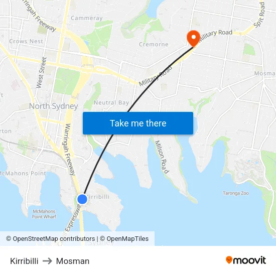 Kirribilli to Mosman map