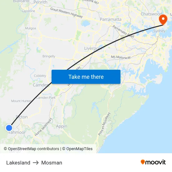 Lakesland to Mosman map