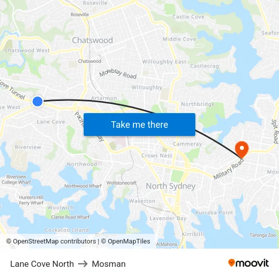 Lane Cove North to Mosman map
