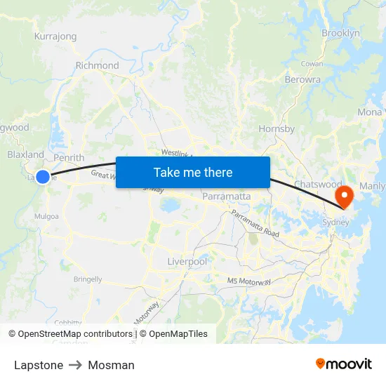 Lapstone to Mosman map