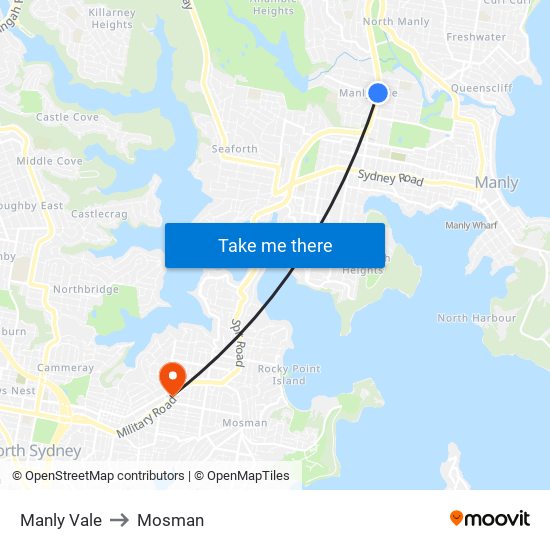 Manly Vale to Mosman map