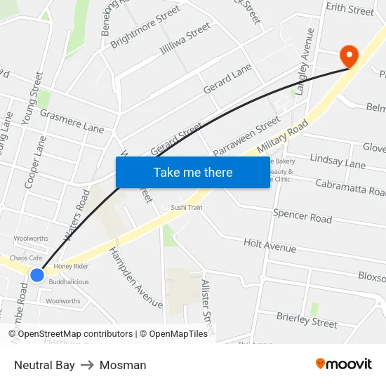 Neutral Bay to Mosman map