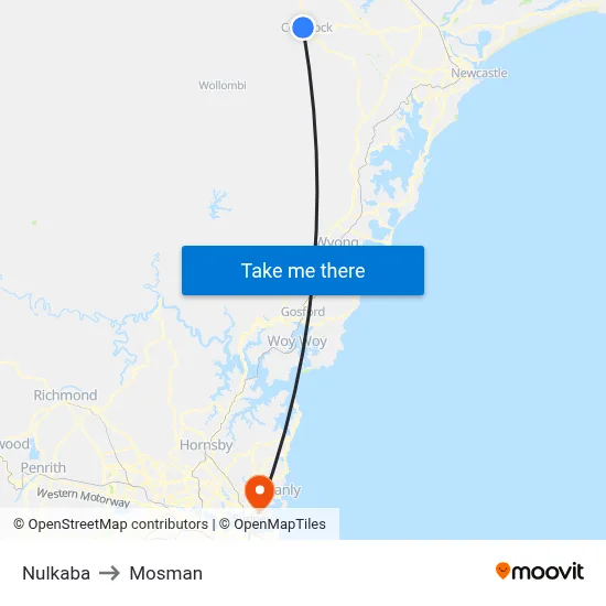 Nulkaba to Mosman map
