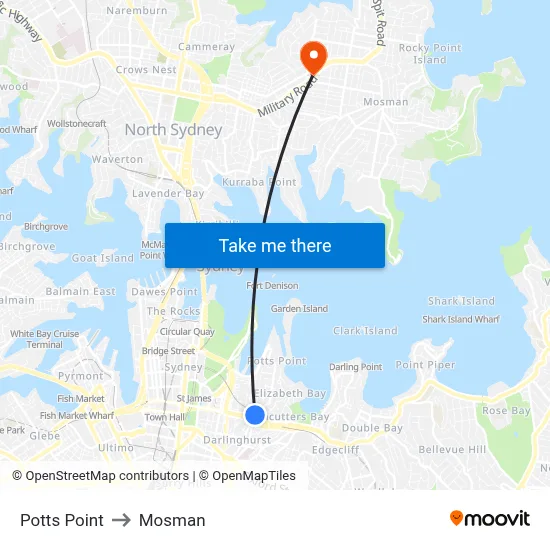 Potts Point to Mosman map