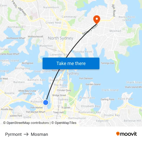 Pyrmont to Mosman map