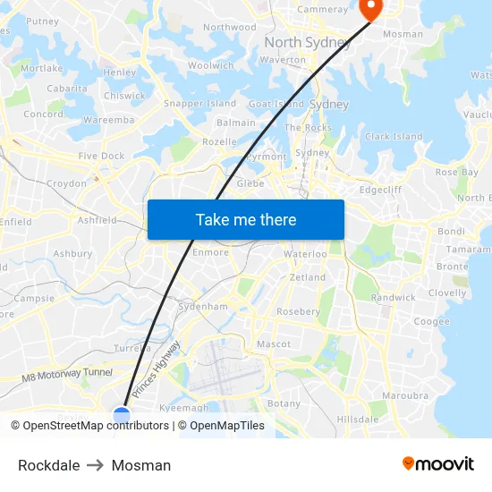 Rockdale to Mosman map