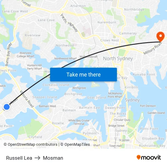 Russell Lea to Mosman map