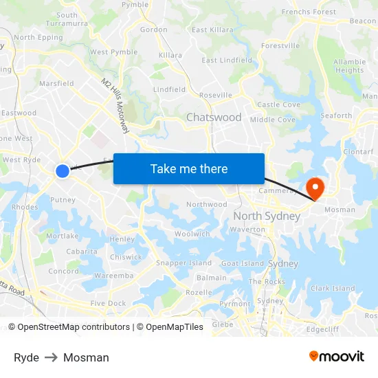 Ryde to Mosman map