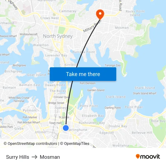 Surry Hills to Mosman map