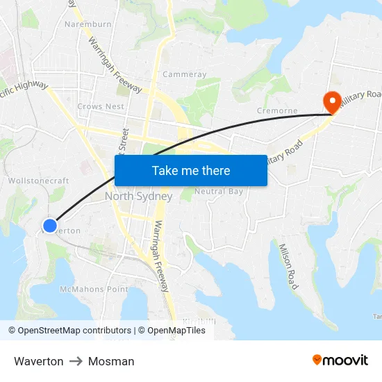Waverton to Mosman map