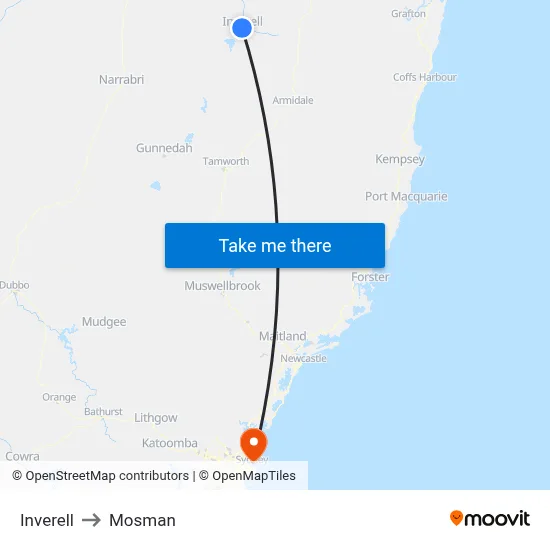 Inverell to Mosman map
