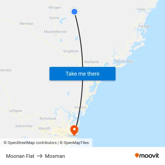 Moonan Flat to Mosman map
