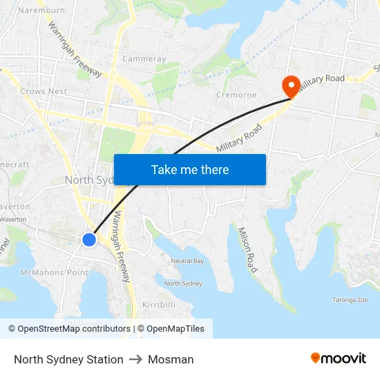 North Sydney Station to Mosman map